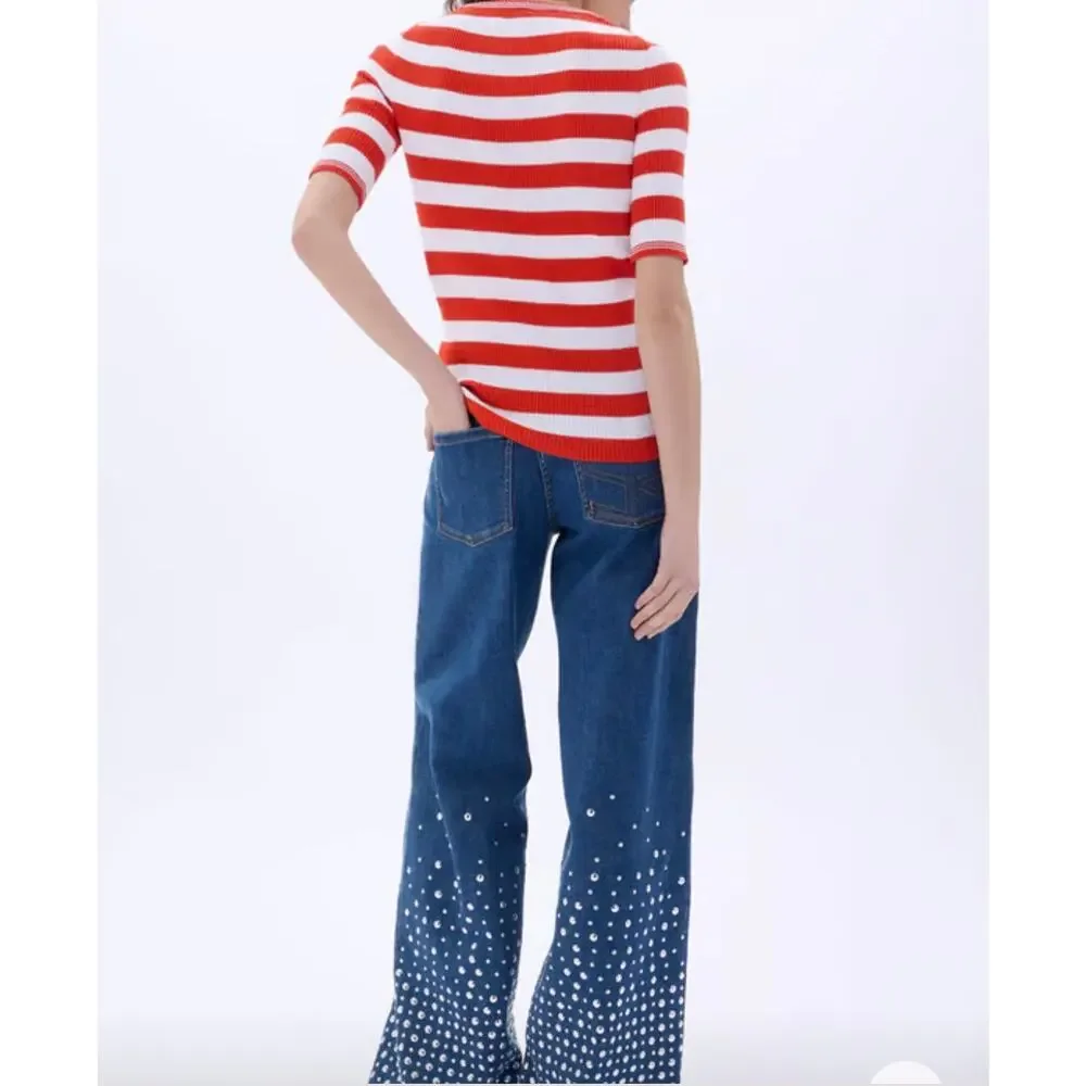 Sonia Rykiel Short Sleeve Stripe Sweater in Tangerine and White Stripe S - Picture 3 of 6